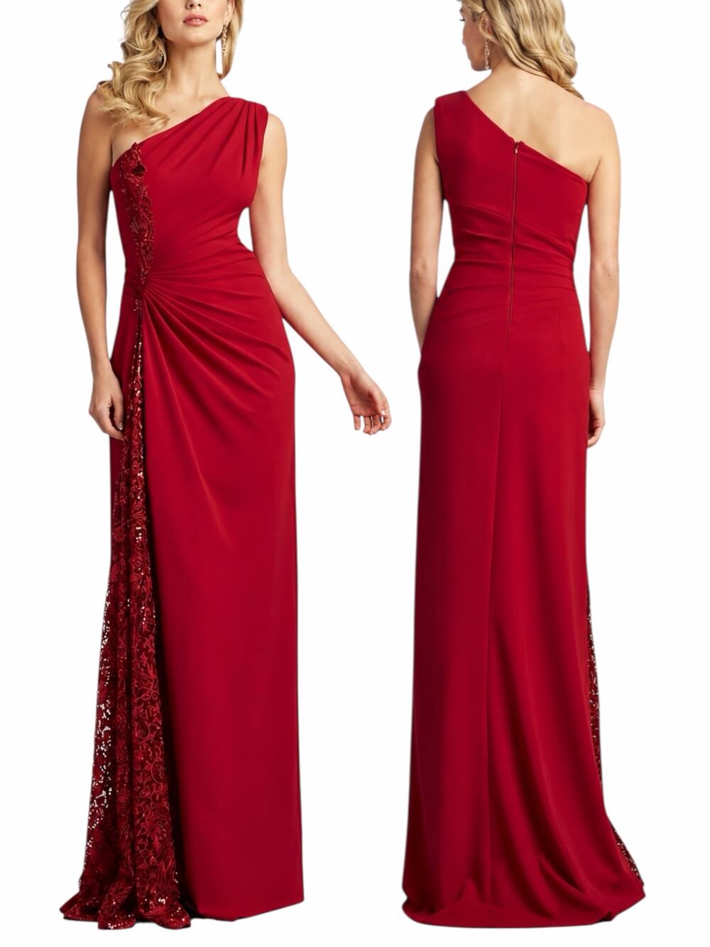 Tadashi Shoji One Shoulder Lace Insert Gown Geranium Red Size 12